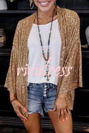 Beautiful Sequined Solid Color Long Sleeve Coat