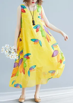 Beautiful yellow print chiffon Robes Korea Tutorials o neck false two pieces long Summer Dress