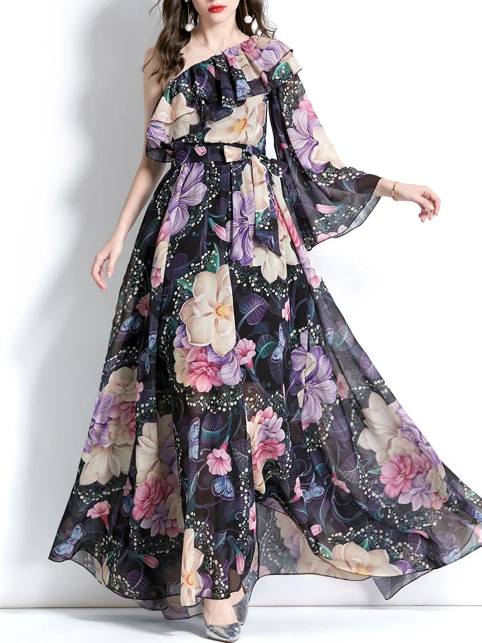 Black One Shoulder Trumpet SleeveFloral Print Boho Dress Maxi Dress