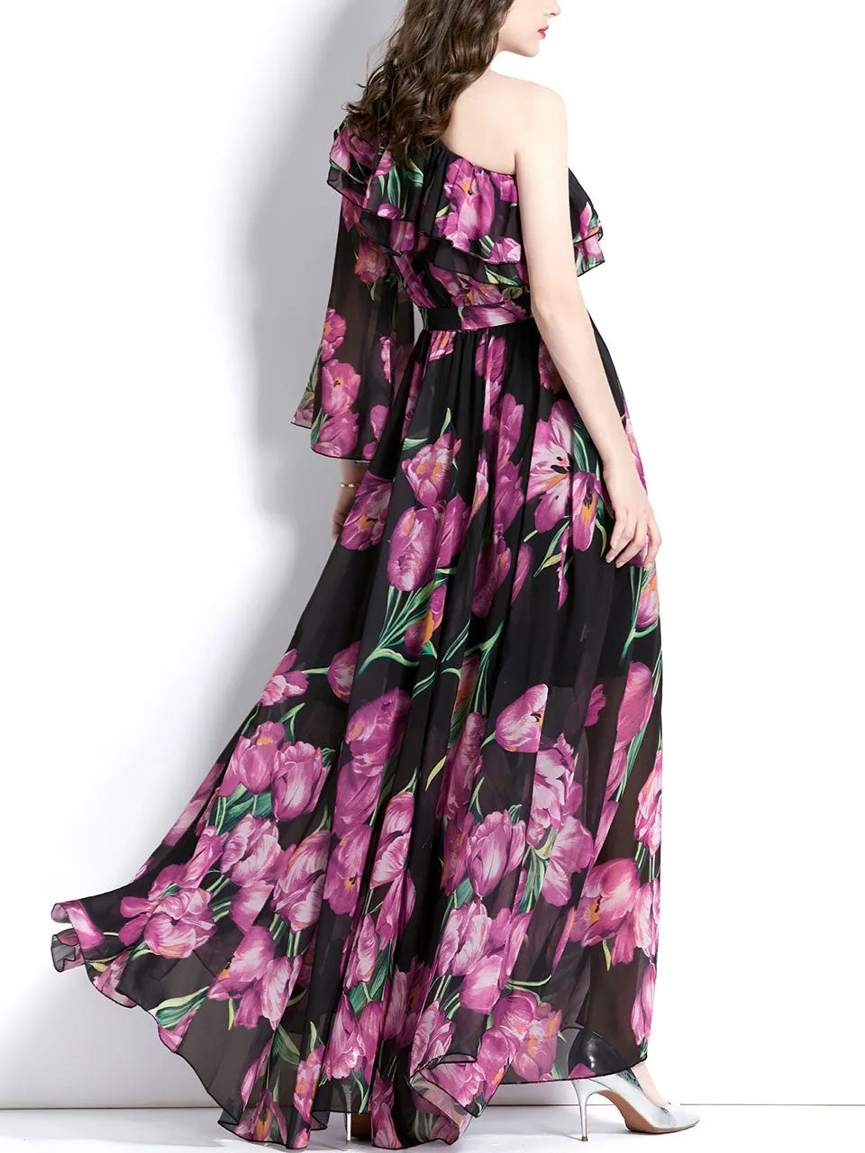 Black One Shoulder Trumpet SleeveFloral Print Boho Dress Maxi Dress