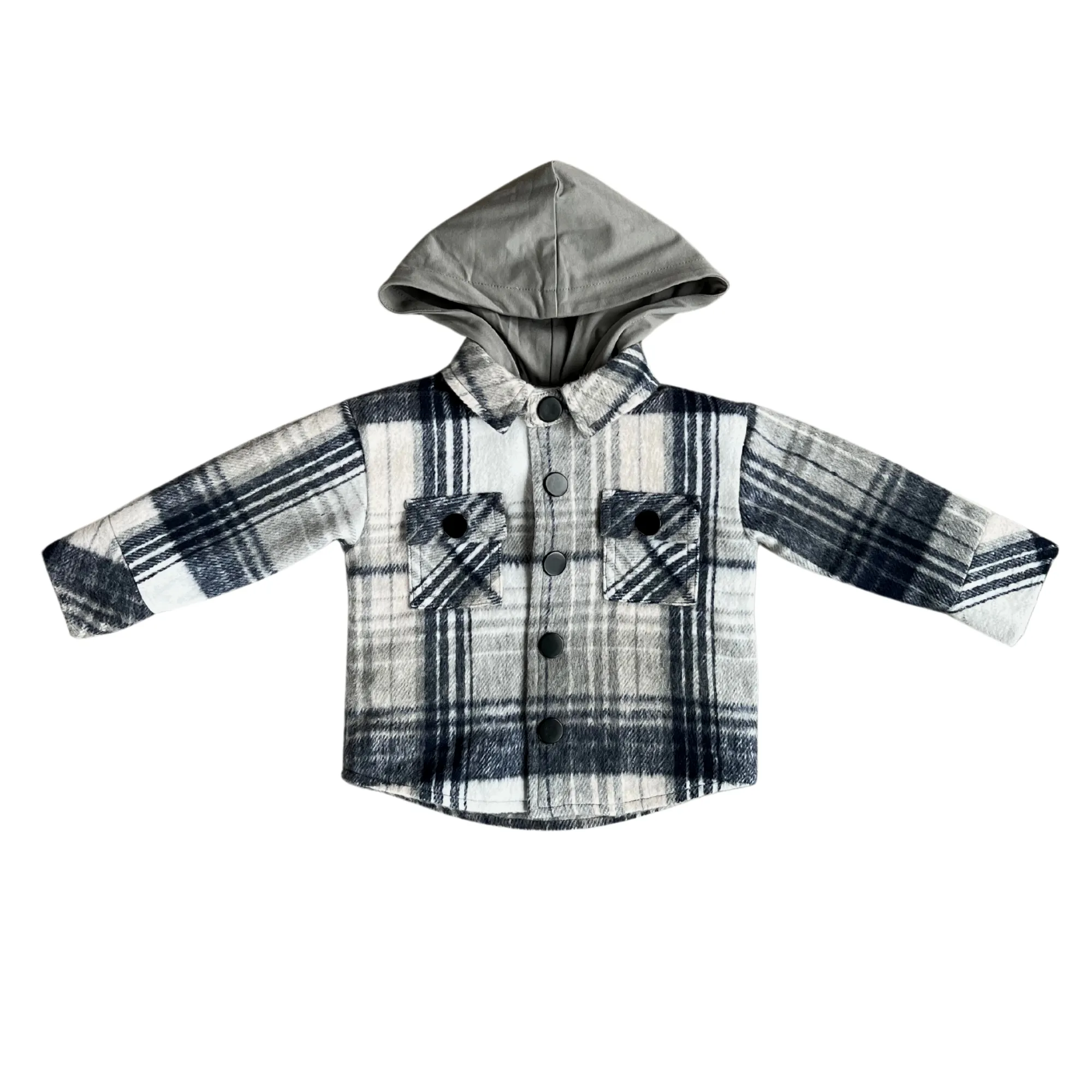 Blue Grey Paid Hooded Shacket