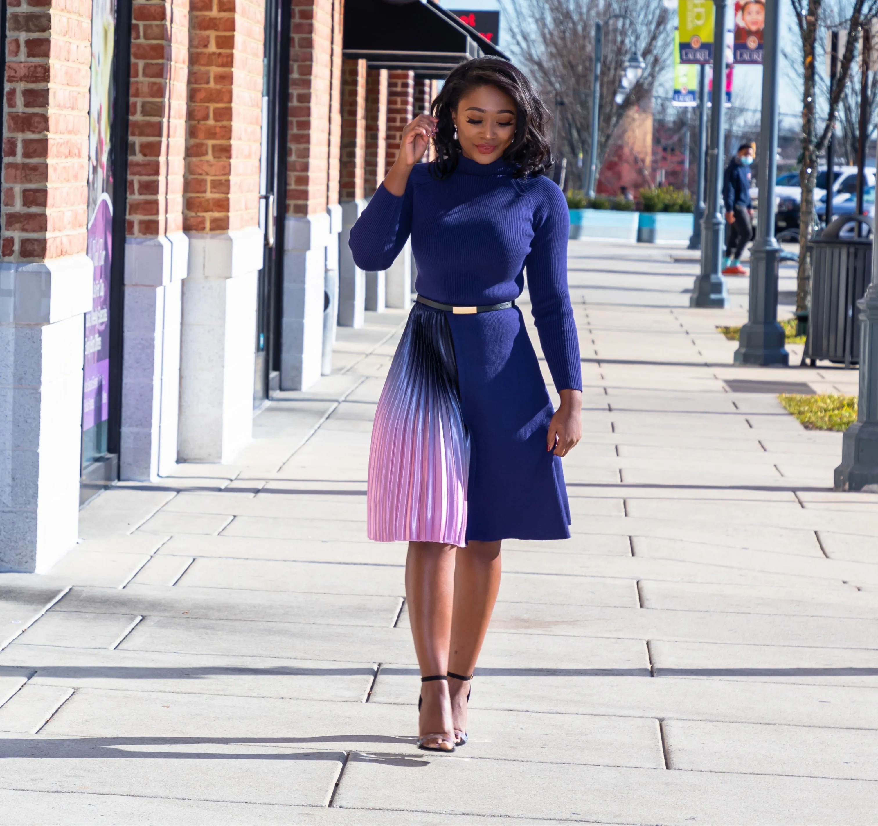 Blue Knitted Sweater Pleated Patchwork Gradient Ruffled Elegant Dress