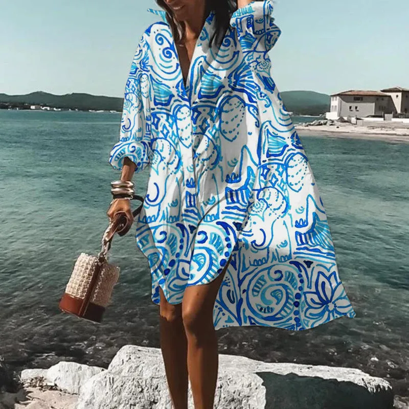 Boho  Printed  Oversize Cover-Up Beach Shirt