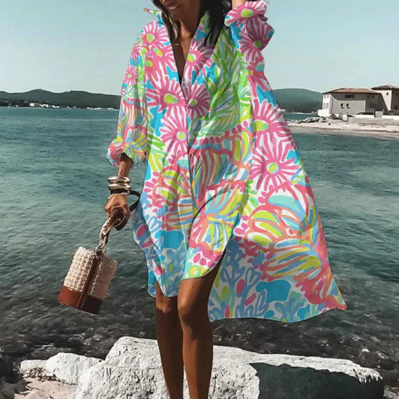 Boho  Printed  Oversize Cover-Up Beach Shirt