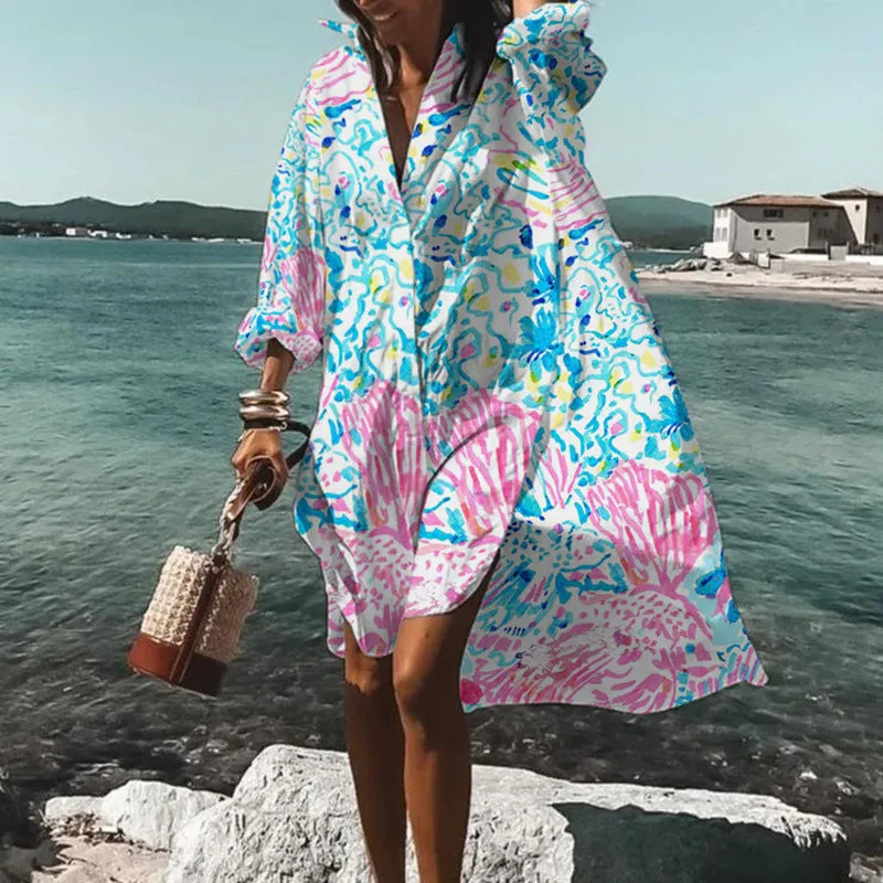 Boho  Printed  Oversize Cover-Up Beach Shirt