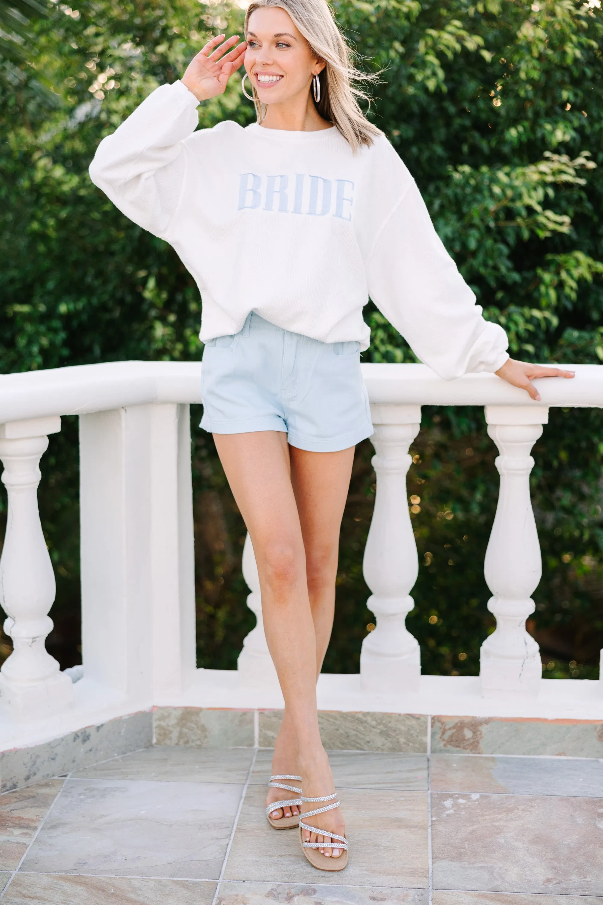 Bride White Light Blue Embroidered Corded Sweatshirt