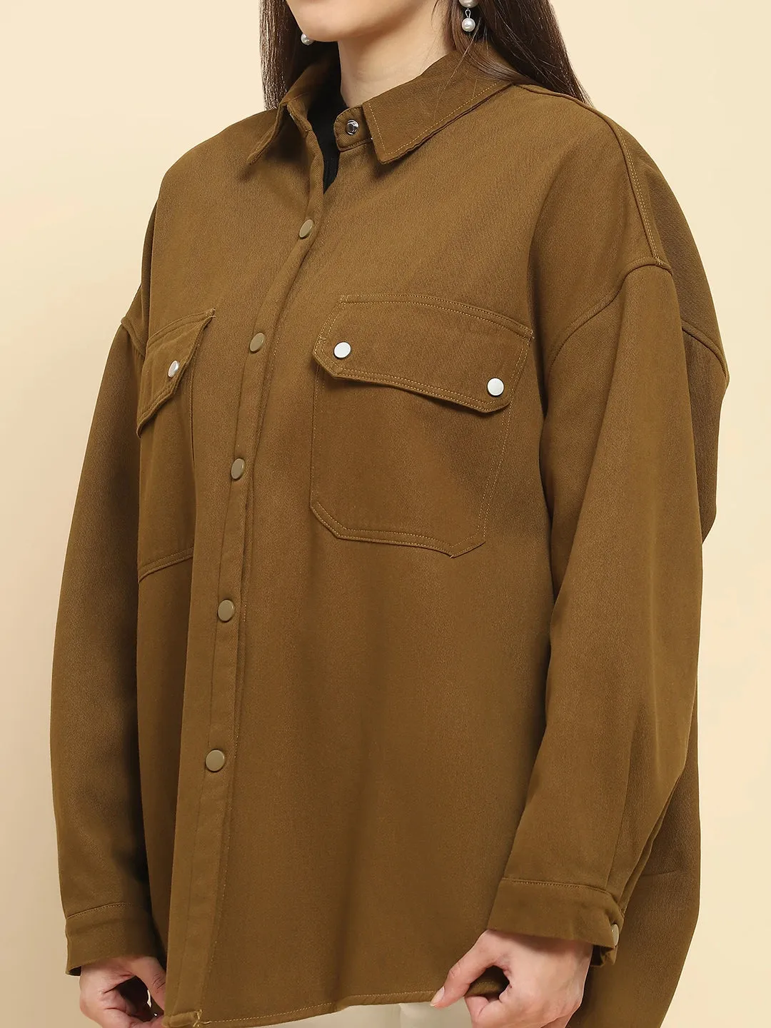 Brown Cotton Oversized Solid Shacket With Fleece Lining For Winter