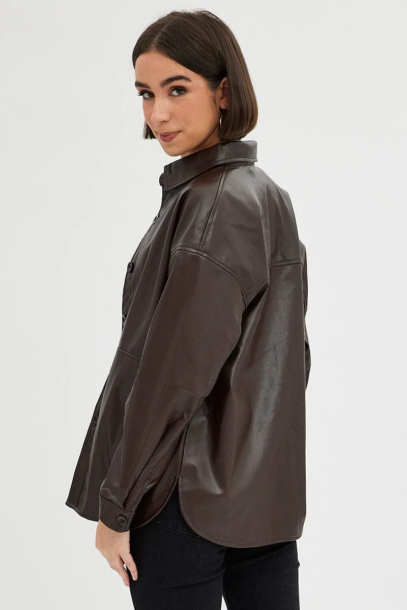 Brown Faux Leather Shacket Long Sleeves