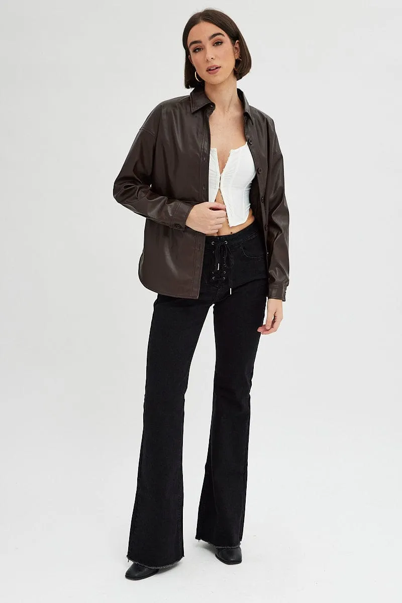 Brown Faux Leather Shacket Long Sleeves