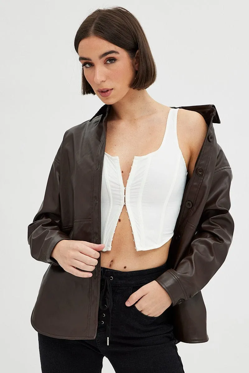 Brown Faux Leather Shacket Long Sleeves