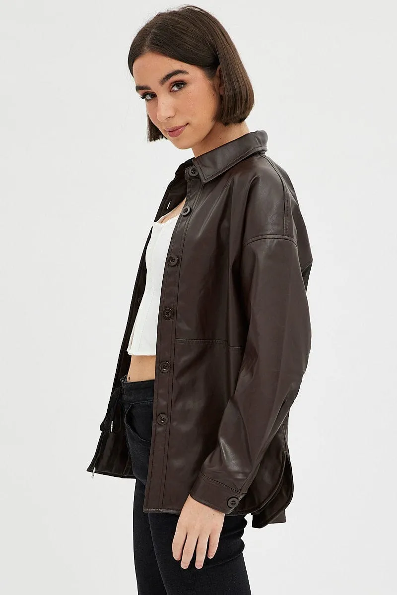 Brown Faux Leather Shacket Long Sleeves