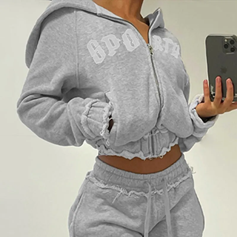 Casual Sport Letters Short Hood Sweater Coat Top High Waist Trend Smart Trousers Sets