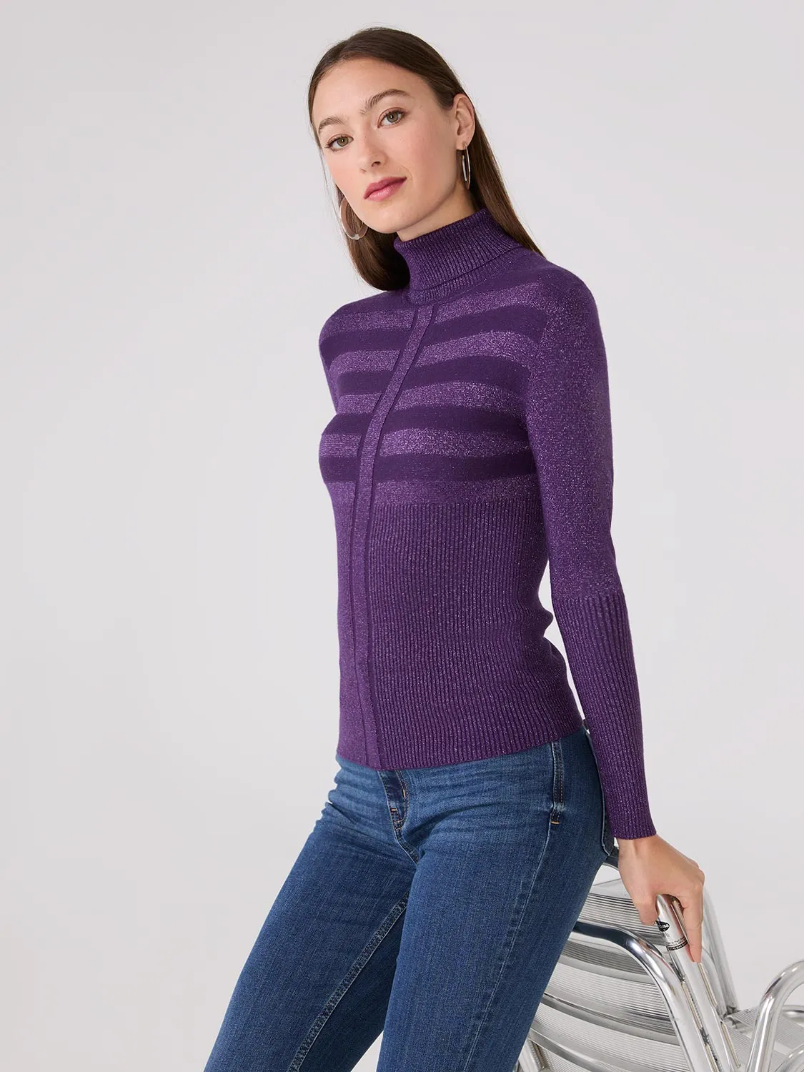 Contrasting Stitch Turtleneck Ribbed Sweater