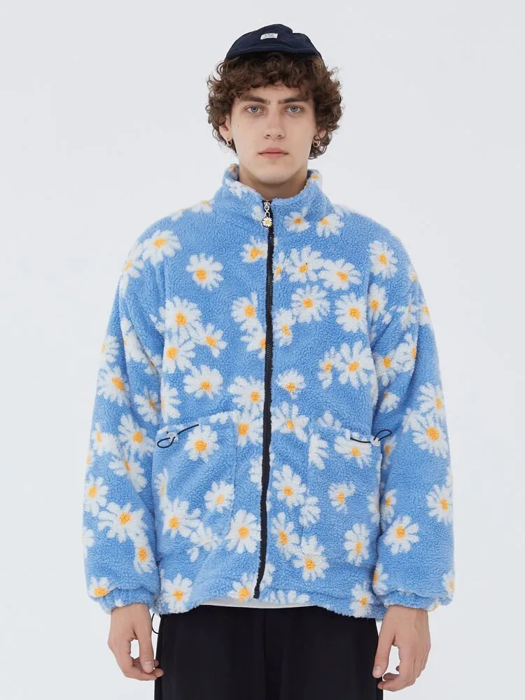 Cotton Padded Thick Parkas Jackets Daisy Print Fleece Warm Full Zip Coats