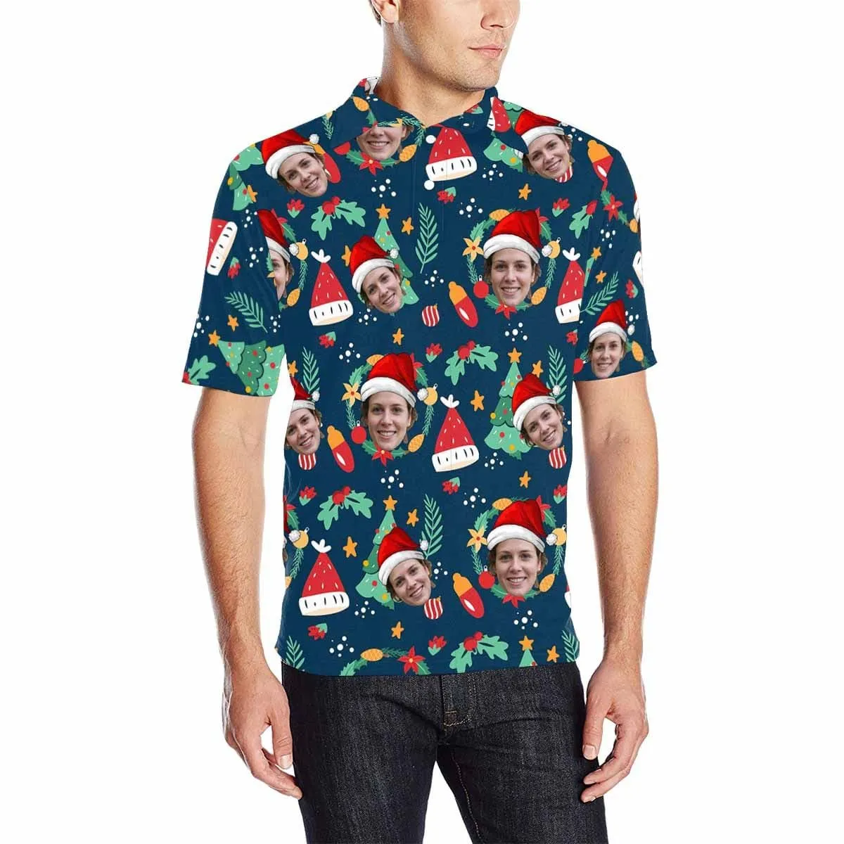 Custom Face Blue Christmas Santa Hat Polo Shirt Personalized Men's Golf Shirt