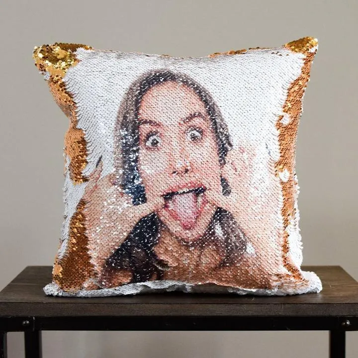 Custom Photo Cushion Cover Diy Personalized Sequin Luminous Pillowcase Room Decoration Baby Wedding Pet Photos Printed