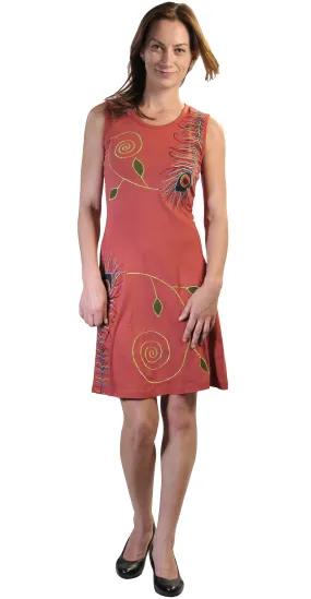 Dark Orange Dress With Mayur Print & Embroidery.