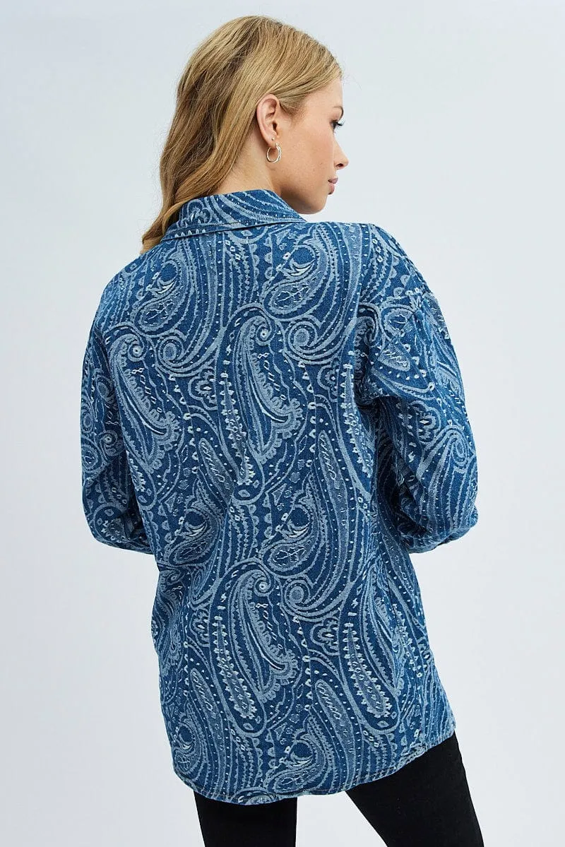 Denim Paisley Shacket Long Sleeve Collared Paisley Denim