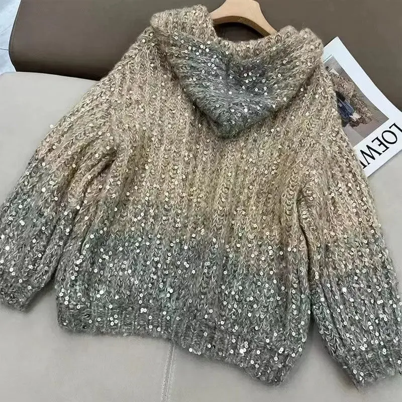 DERMEARNE Autumn Winter Maillard Sequined Cardigan Jacket Loose Hooded Knitted Sweater Coat Women's Winter Thick Warmer Sweater