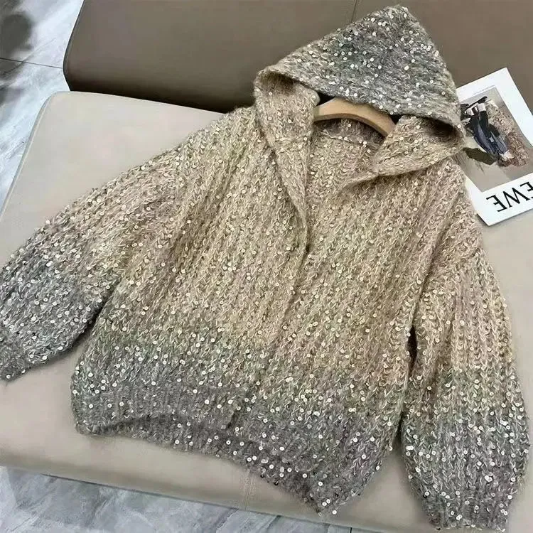 DERMEARNE Autumn Winter Maillard Sequined Cardigan Jacket Loose Hooded Knitted Sweater Coat Women's Winter Thick Warmer Sweater