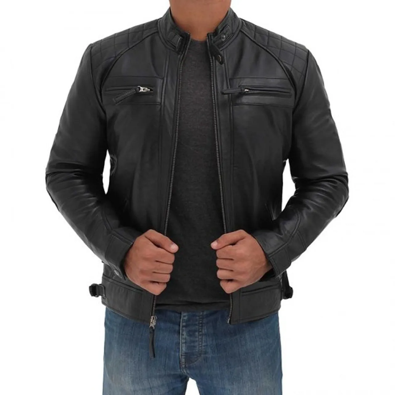 Diamond Classic Black Cafe Racer Biker leather Jacket