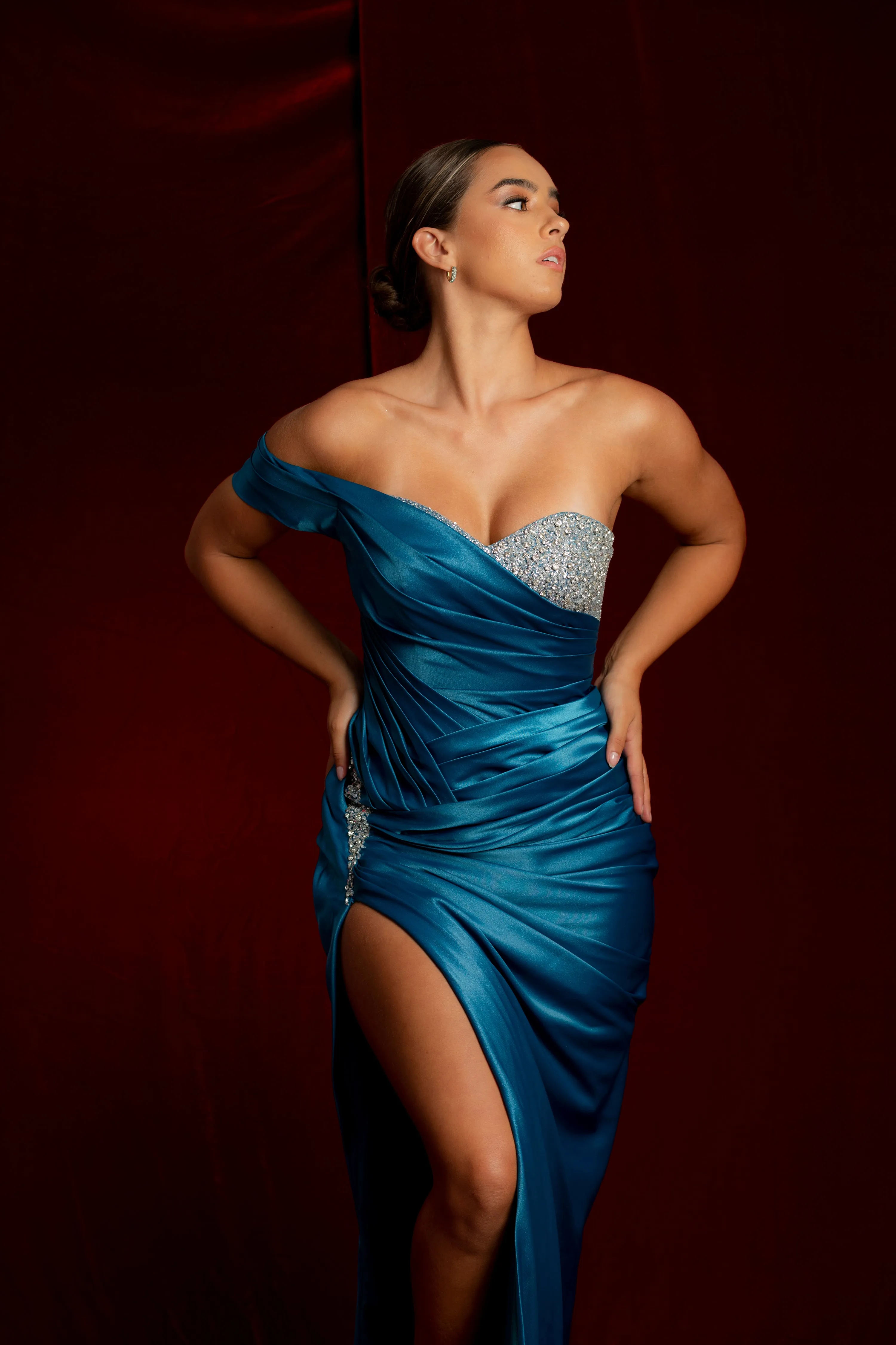 Diamond teal blue satin mermaid dress