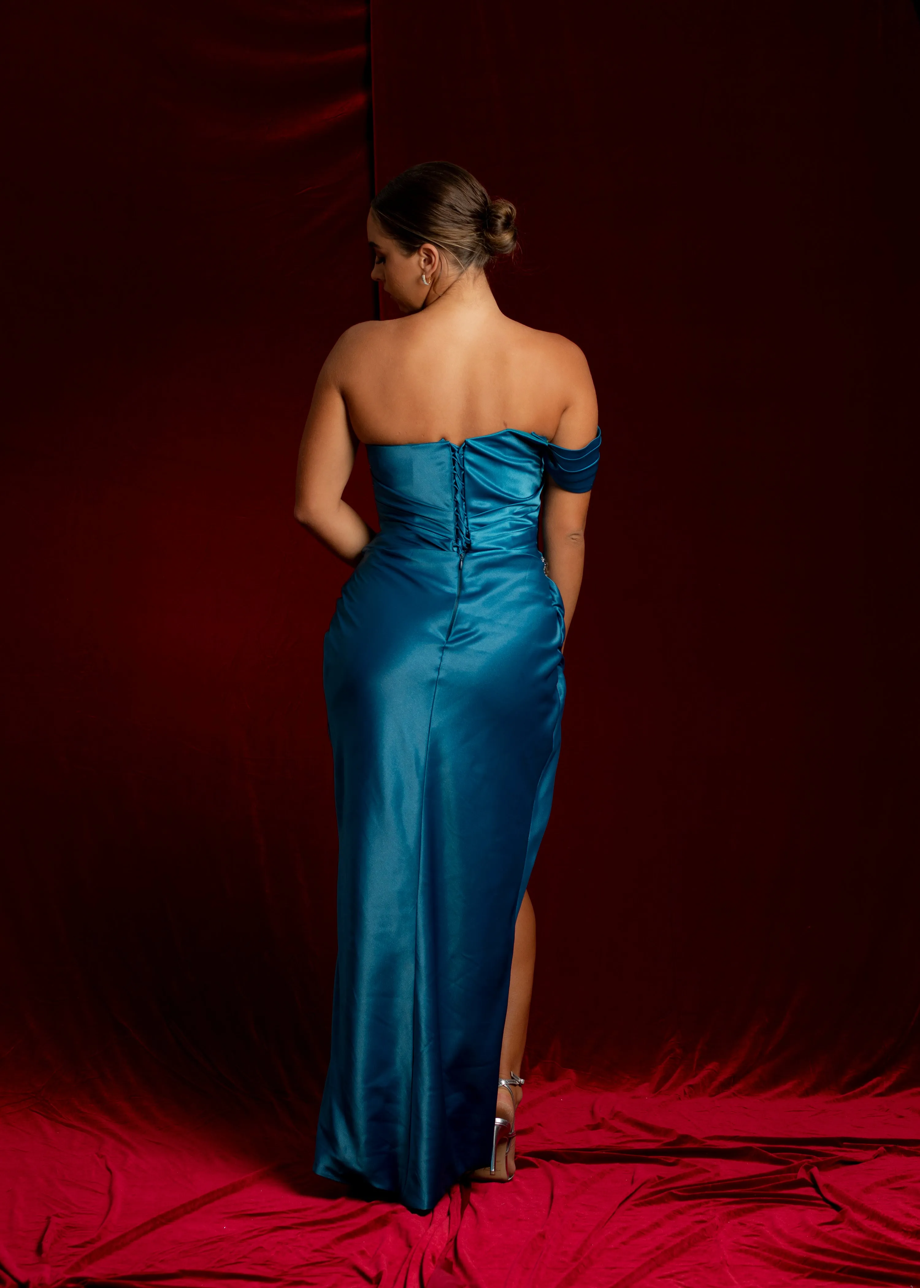 Diamond teal blue satin mermaid dress