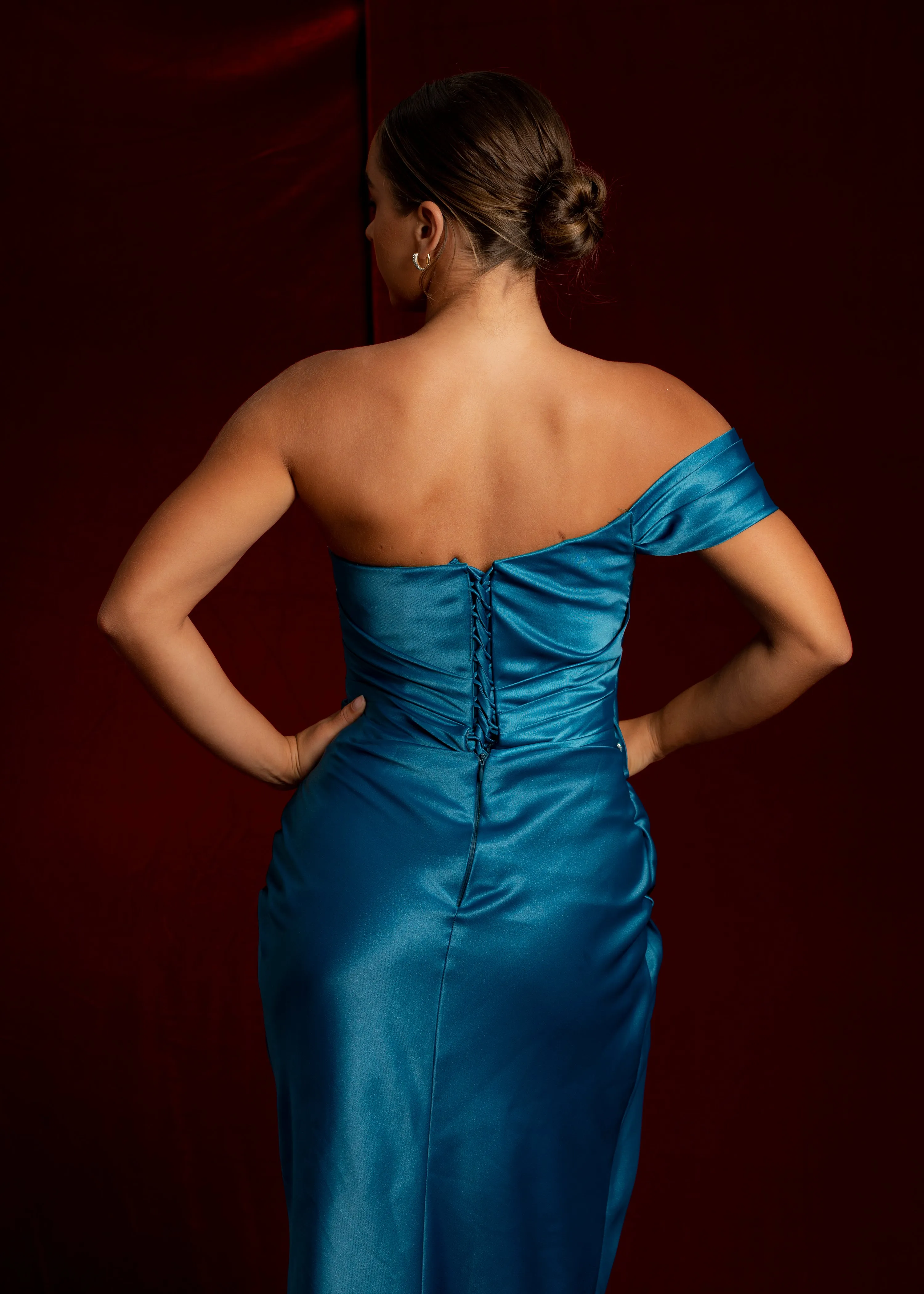 Diamond teal blue satin mermaid dress