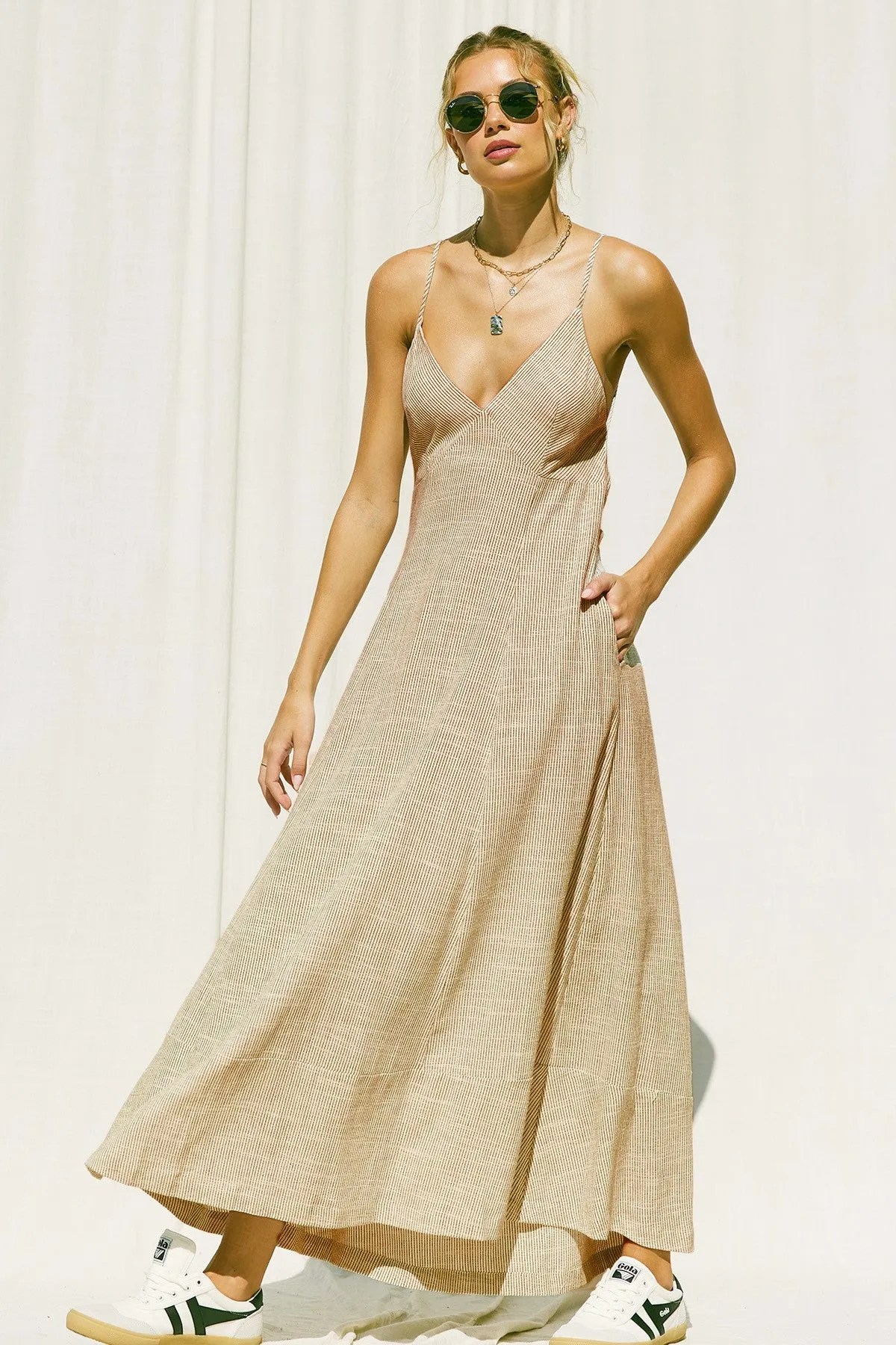 Elowen Taupe Striped Linen Maxi Dress