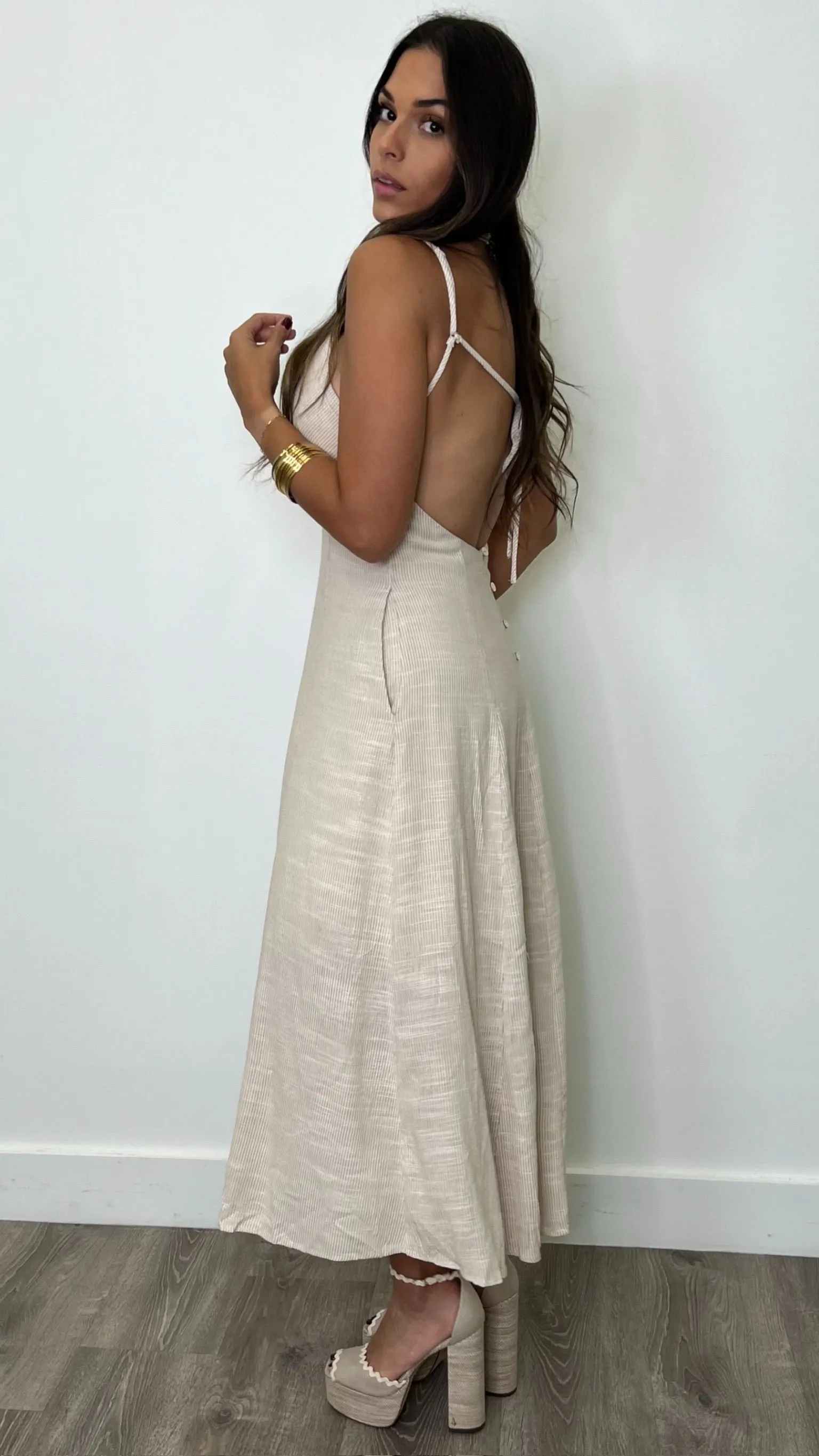 Elowen Taupe Striped Linen Maxi Dress