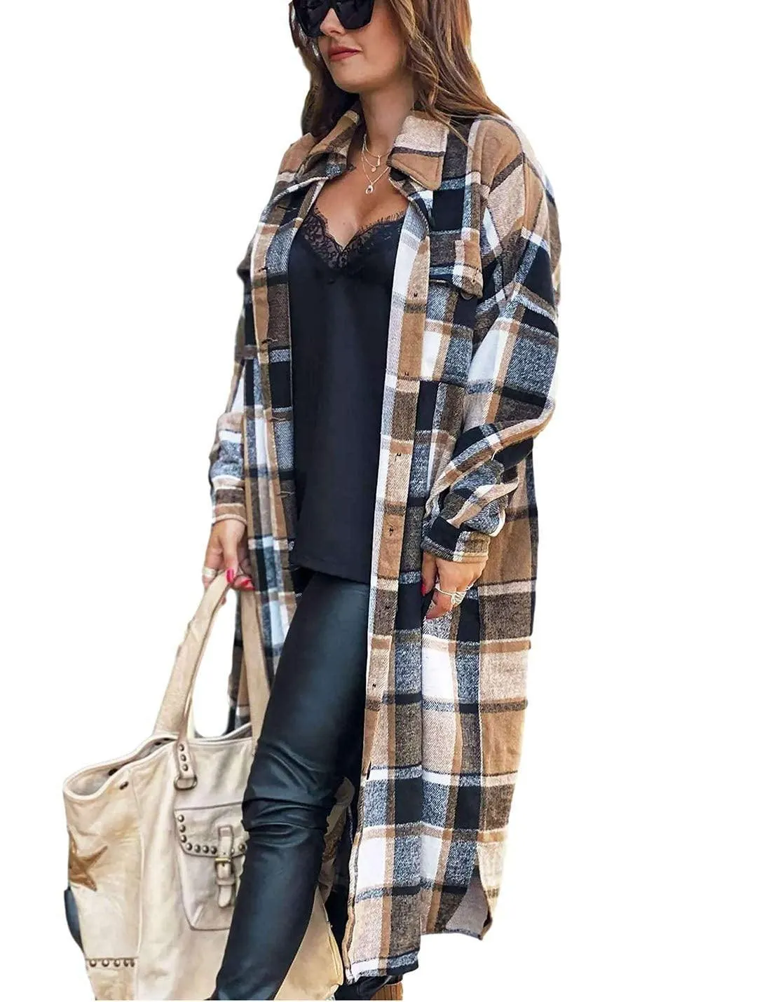 Fantaslook Flannel Shirts for Women Button Up Plaid Shirt Long Pocketed Shacket Jacket Coat