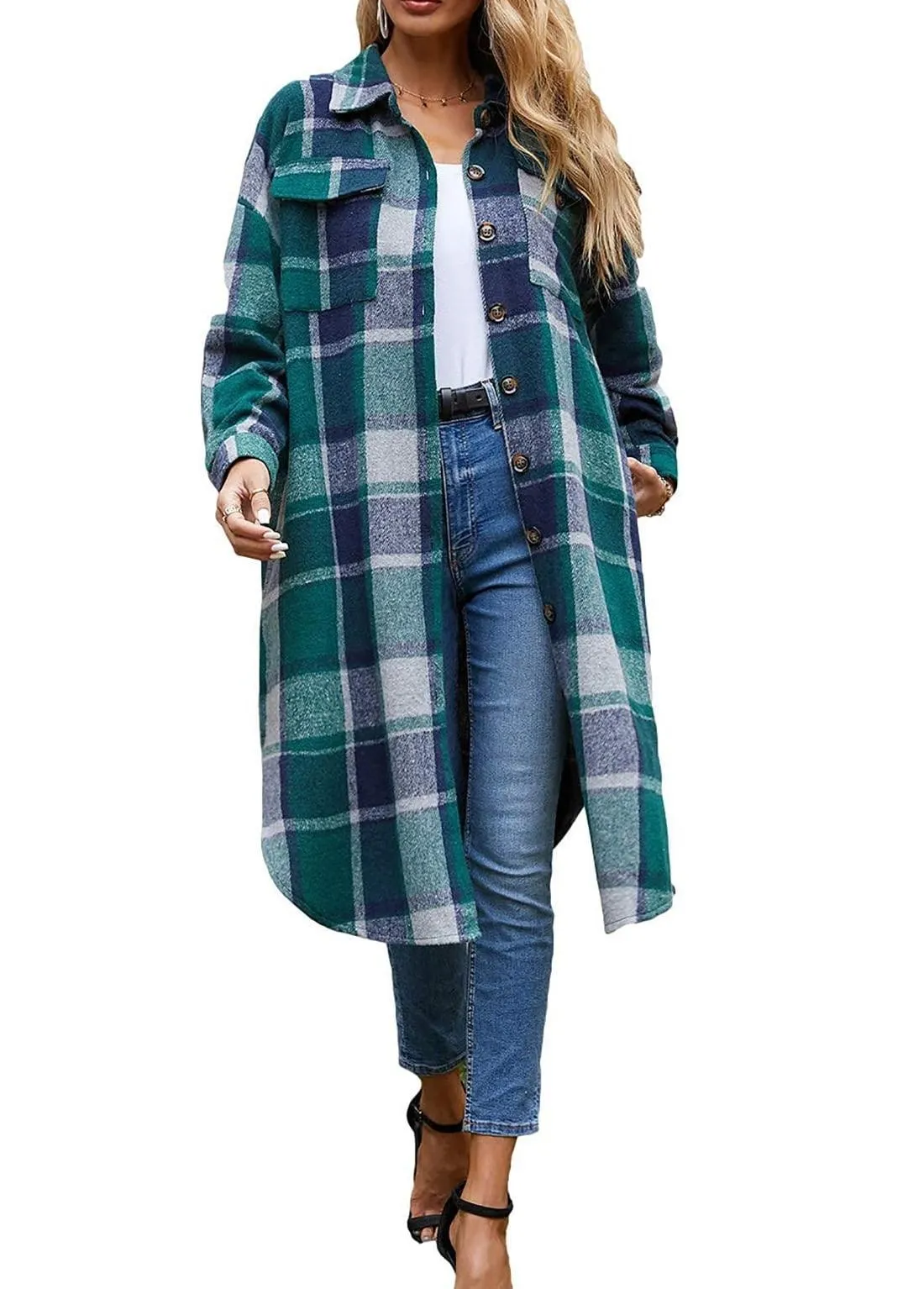 Fantaslook Flannel Shirts for Women Button Up Plaid Shirt Long Pocketed Shacket Jacket Coat