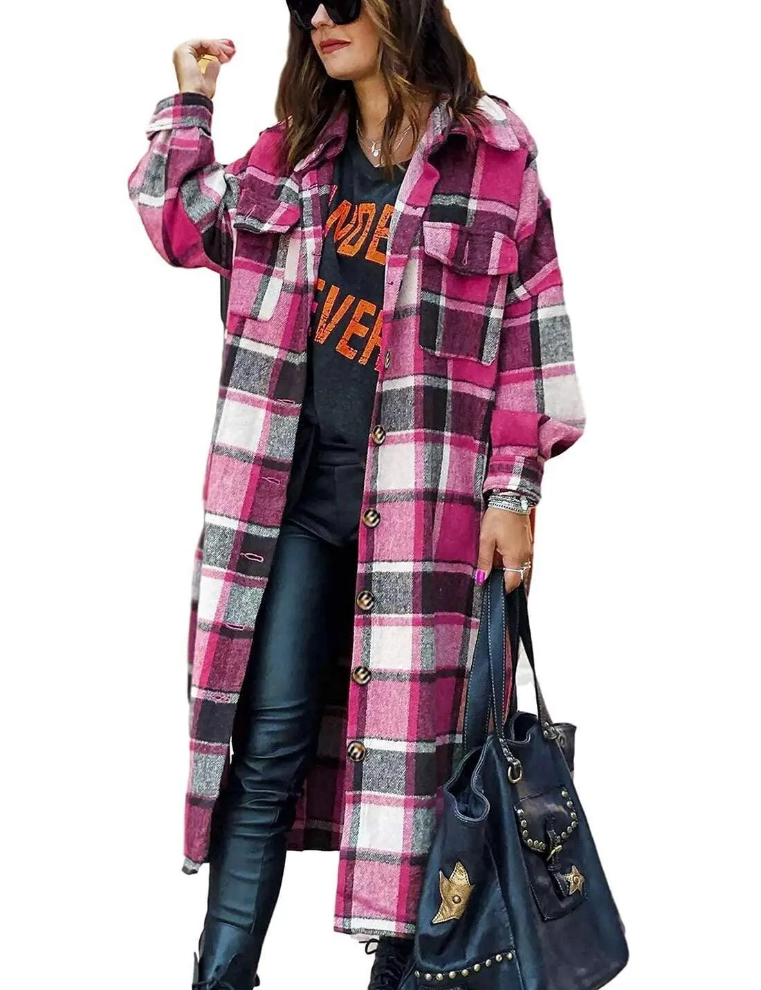 Fantaslook Flannel Shirts for Women Button Up Plaid Shirt Long Pocketed Shacket Jacket Coat