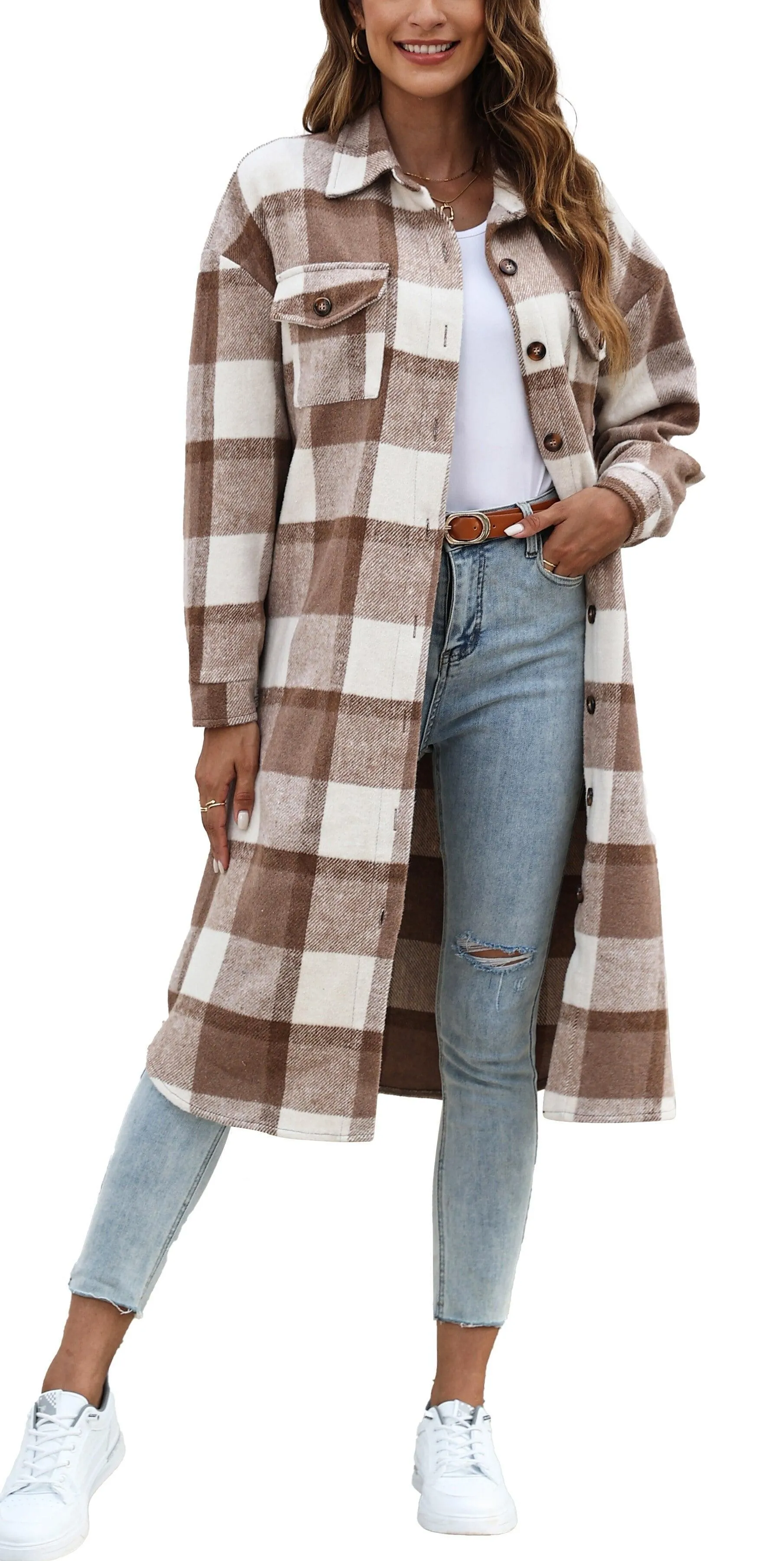 Fantaslook Flannel Shirts for Women Button Up Plaid Shirt Long Pocketed Shacket Jacket Coat