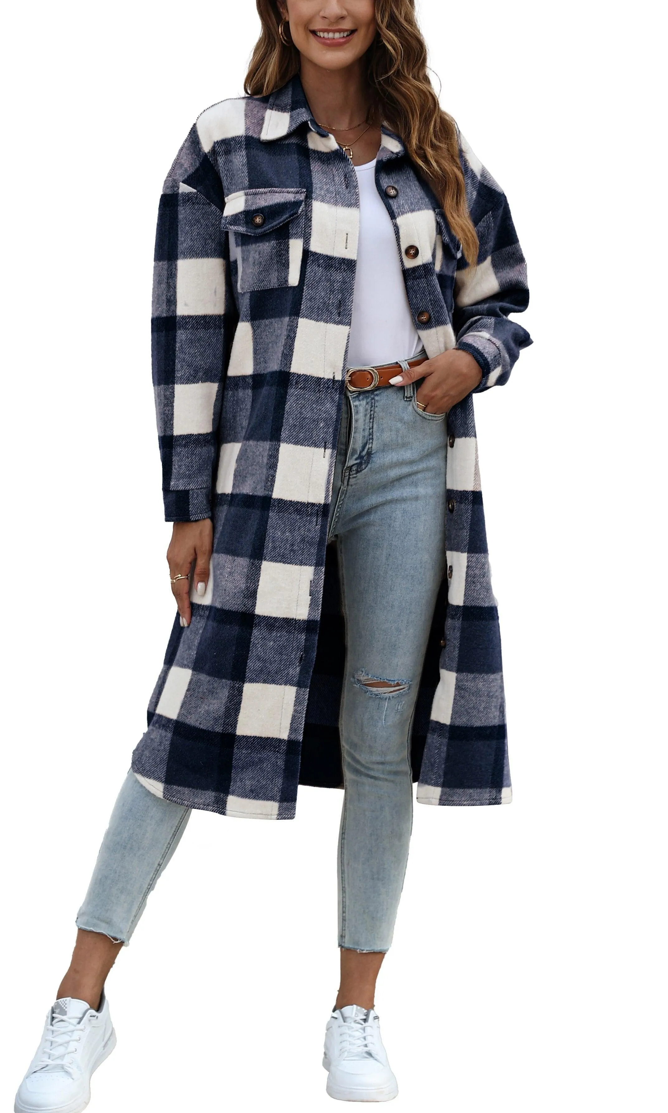 Fantaslook Flannel Shirts for Women Button Up Plaid Shirt Long Pocketed Shacket Jacket Coat