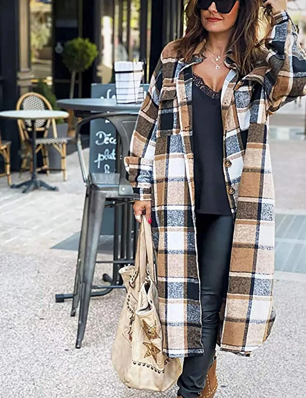 Fantaslook Flannel Shirts for Women Button Up Plaid Shirt Long Pocketed Shacket Jacket Coat