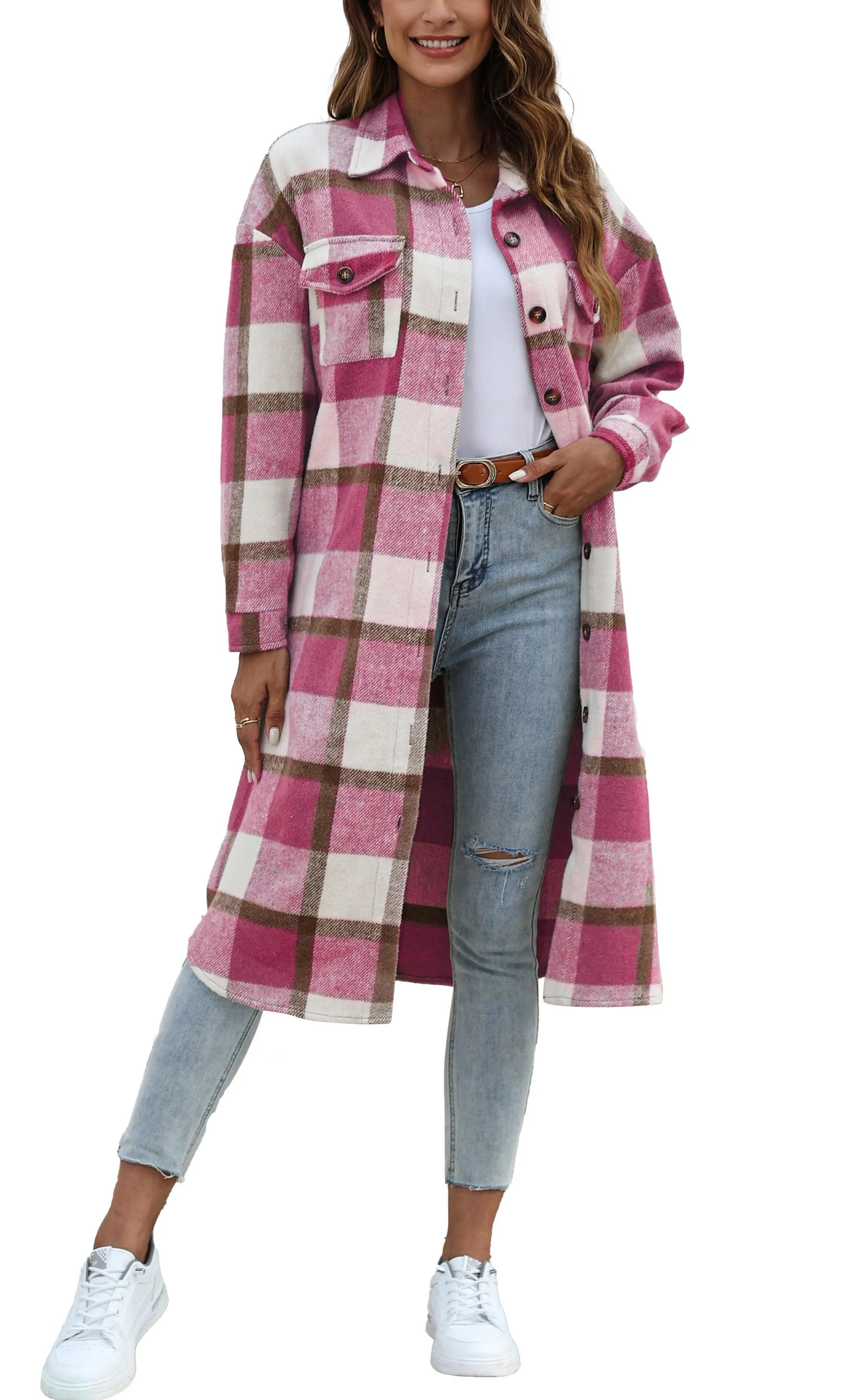 Fantaslook Flannel Shirts for Women Button Up Plaid Shirt Long Pocketed Shacket Jacket Coat