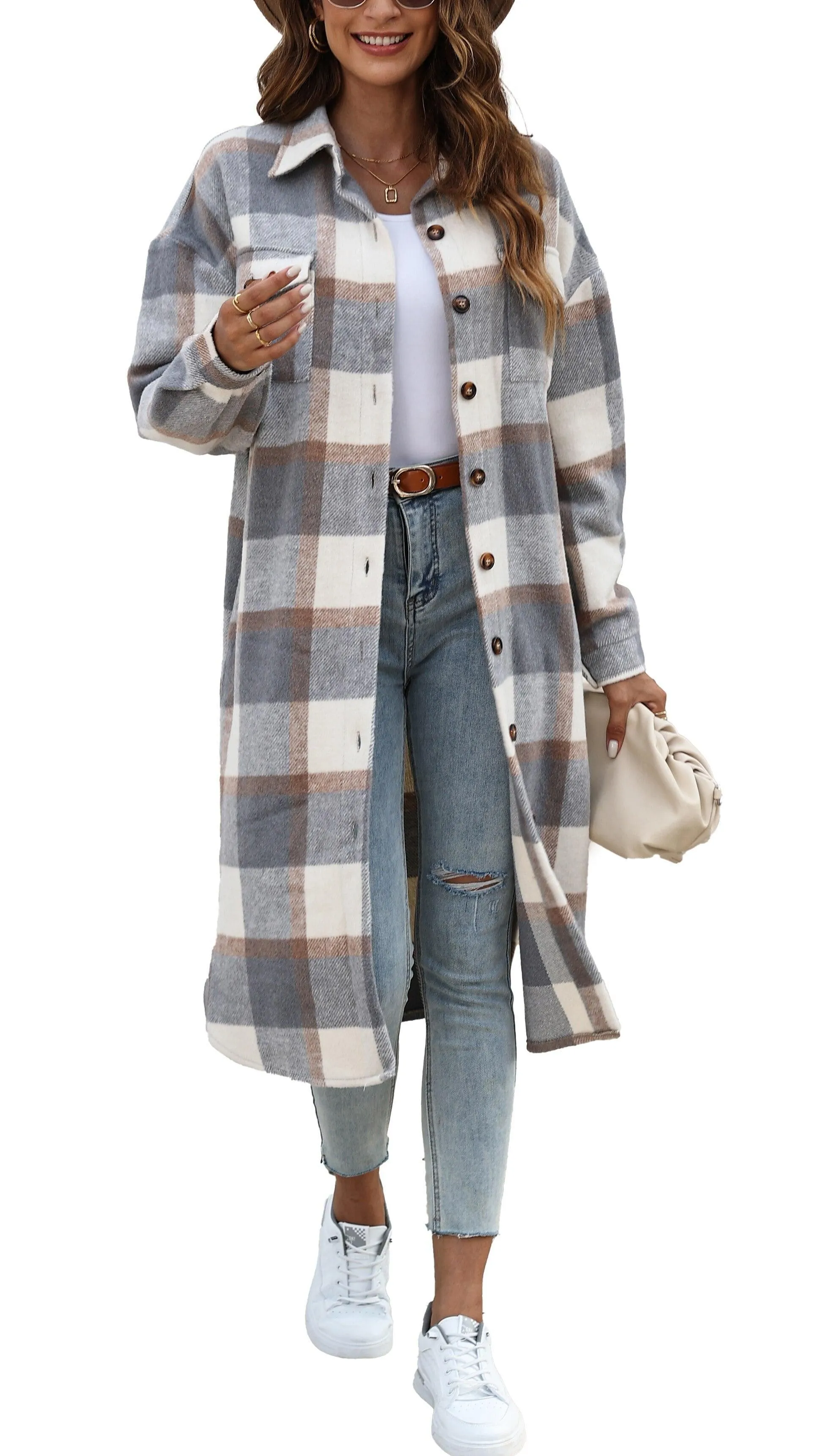 Fantaslook Flannel Shirts for Women Button Up Plaid Shirt Long Pocketed Shacket Jacket Coat