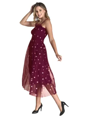 FIMS Fashion Women Embellished Net Floral Midi Fit & Flare Dress Wine