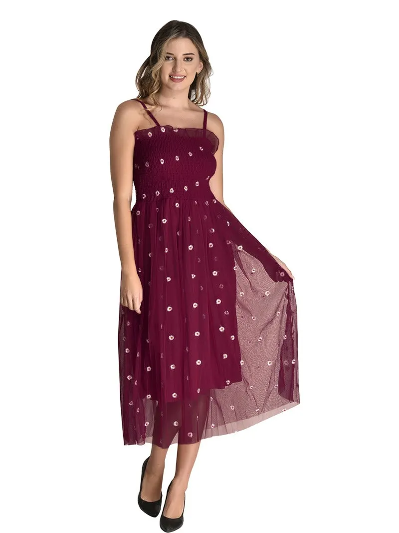 FIMS Fashion Women Embellished Net Floral Midi Fit & Flare Dress Wine