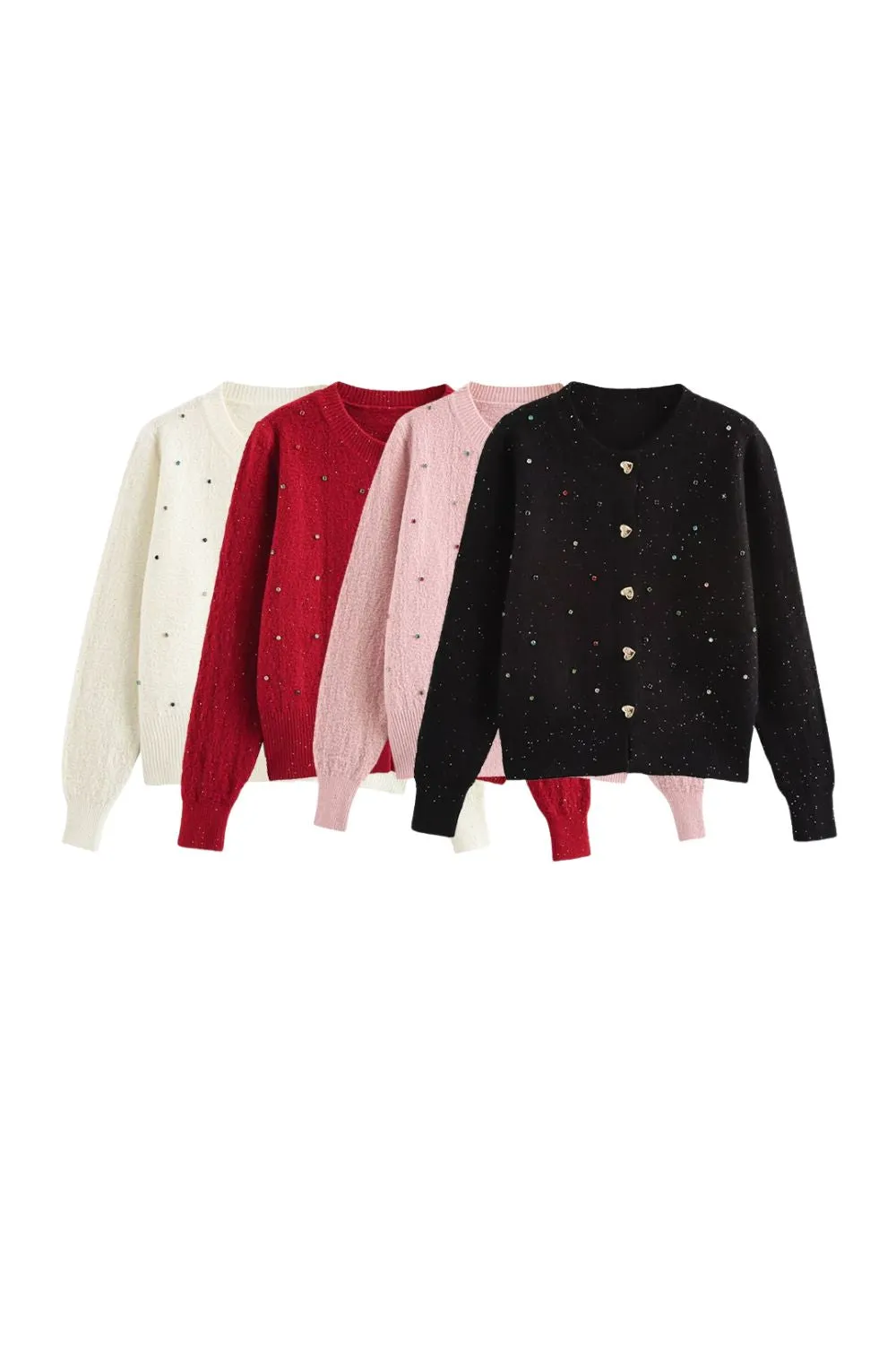 ‘Gail ’Sequined Crystal Heart Button Knitted Cardigan Coat