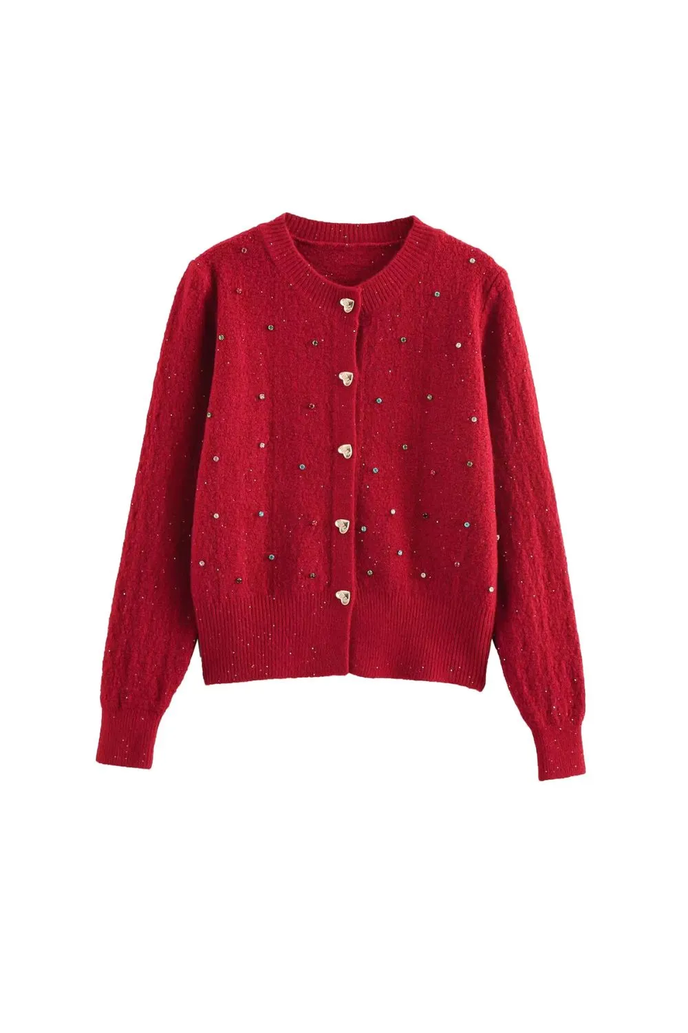 ‘Gail ’Sequined Crystal Heart Button Knitted Cardigan Coat