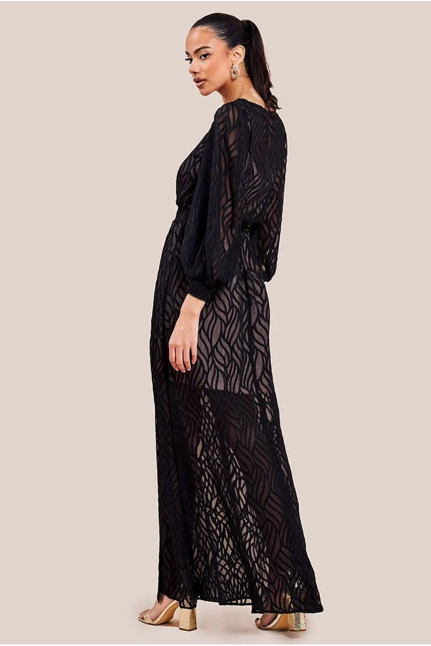 Goddiva Chiffon Geo-Wave Front Split Maxi Dress - Black