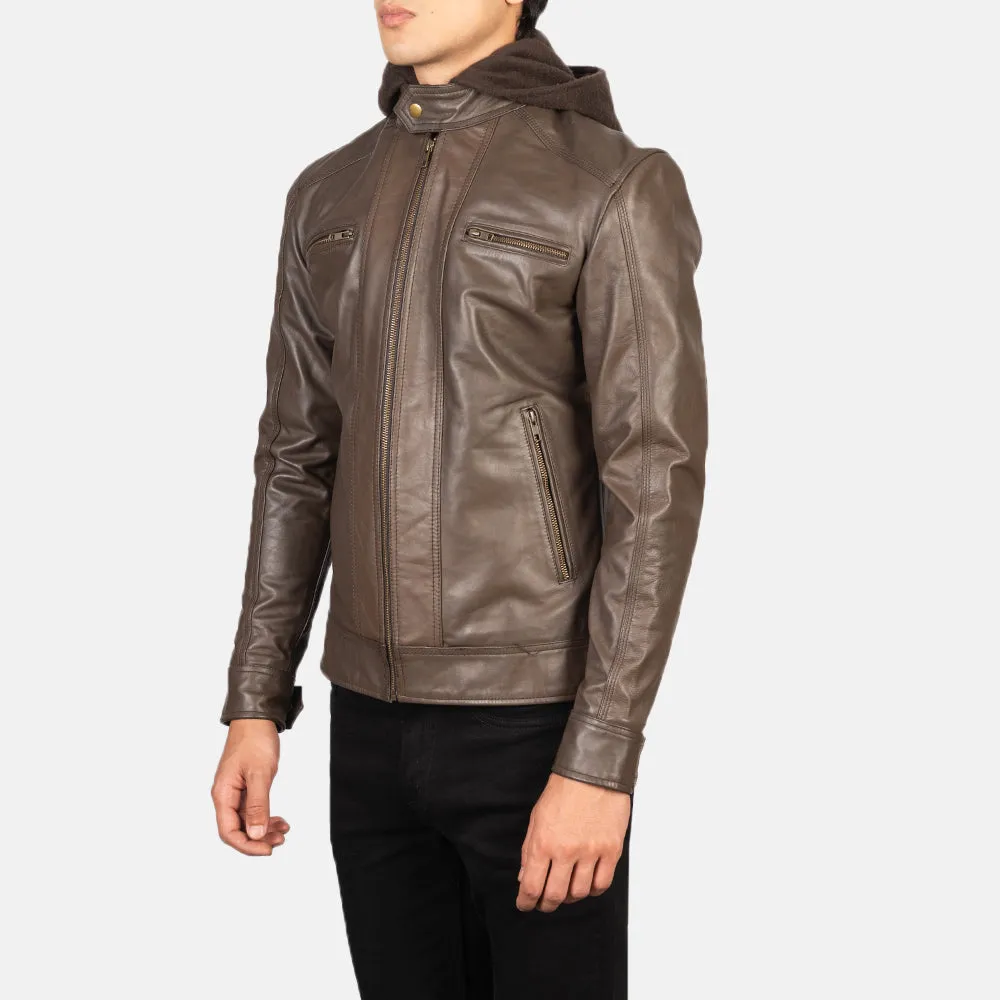 Hector Brown Hooded Leather Biker Jacket