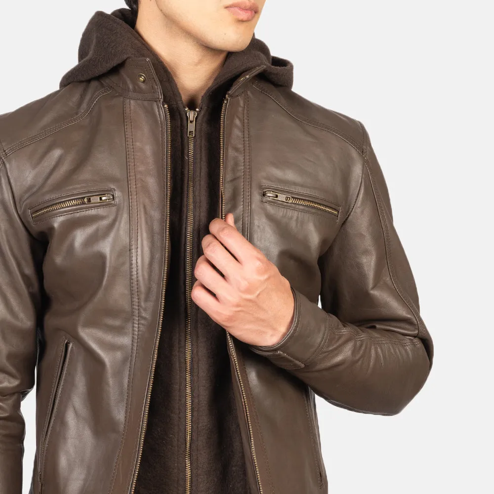 Hector Brown Hooded Leather Biker Jacket