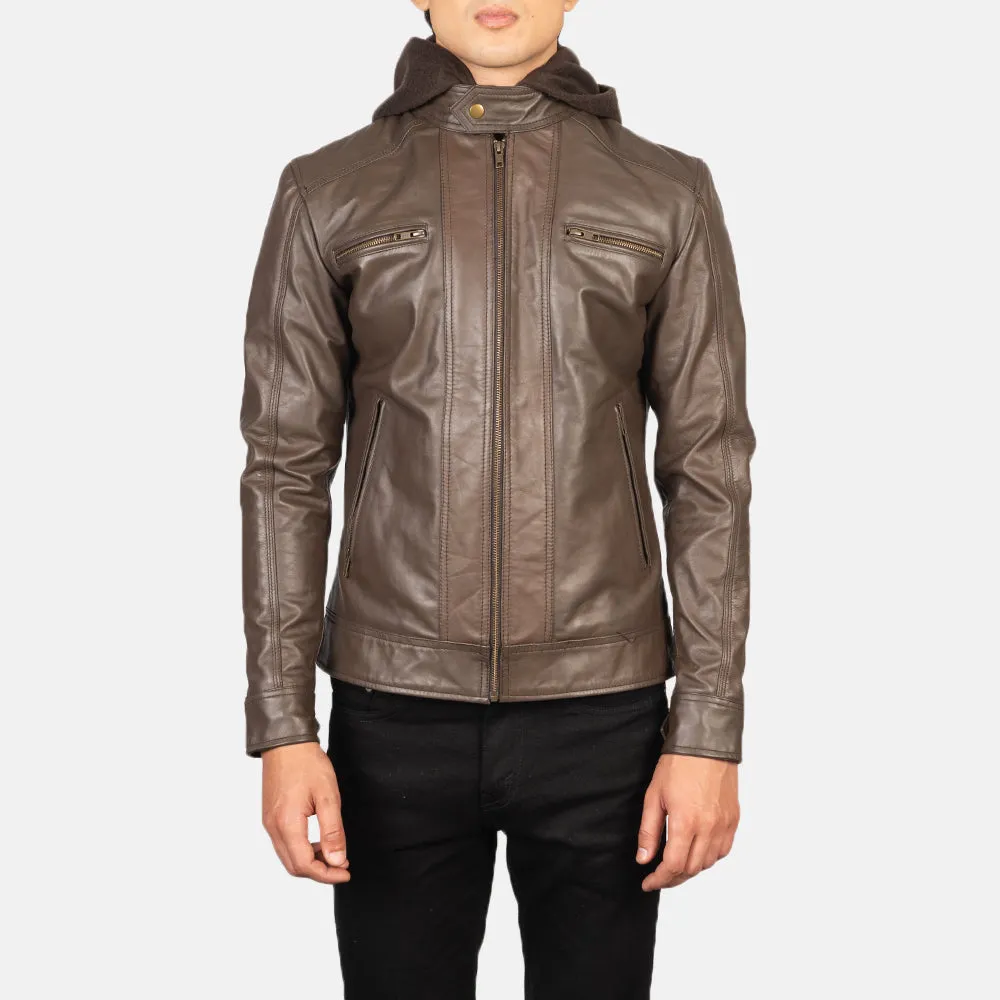 Hector Brown Hooded Leather Biker Jacket