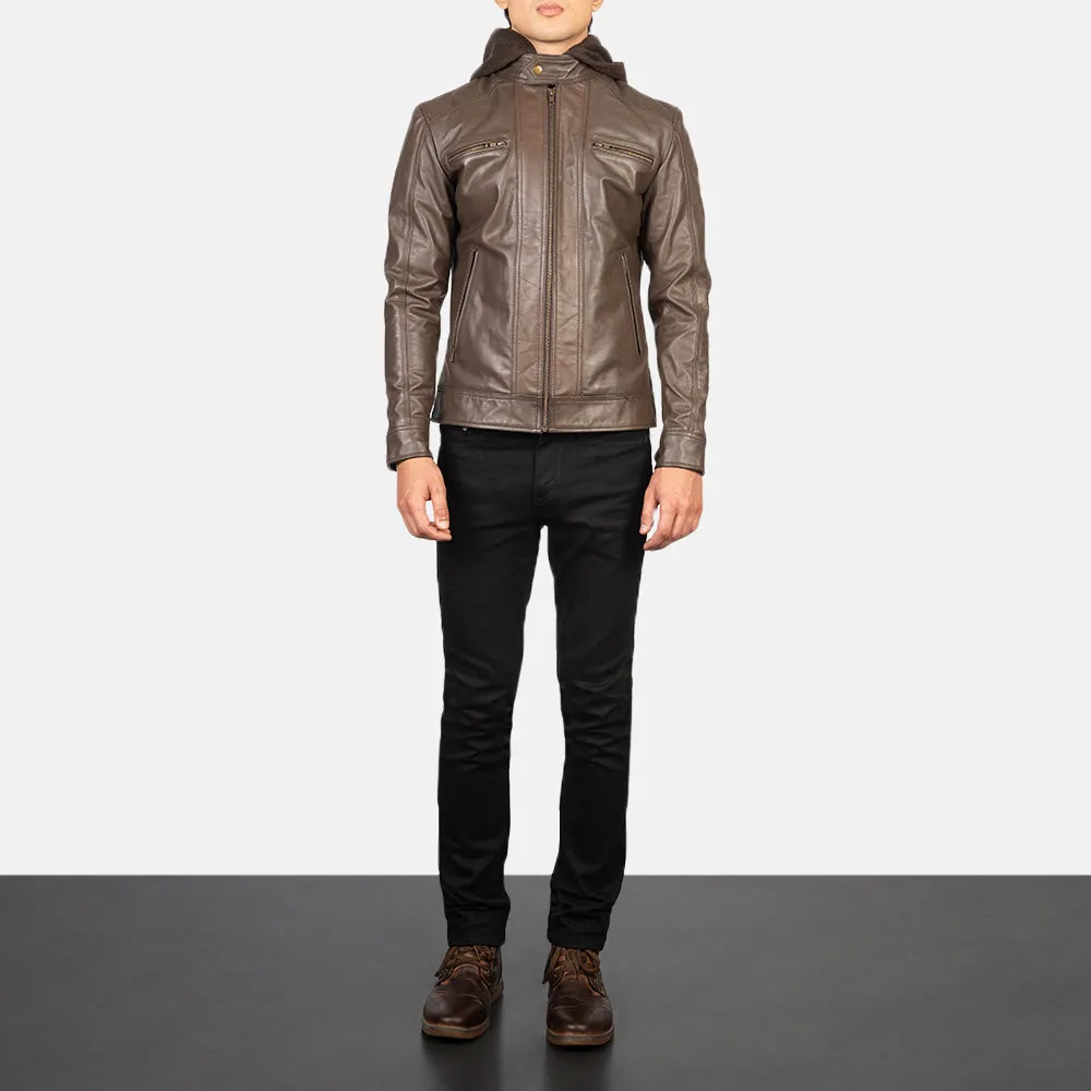 Hector Brown Hooded Leather Biker Jacket