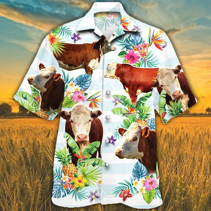 Hereford Cattle Hawaiian shirts for men, women, Cow Lovers Tropical Flower Hawaiian Shirt