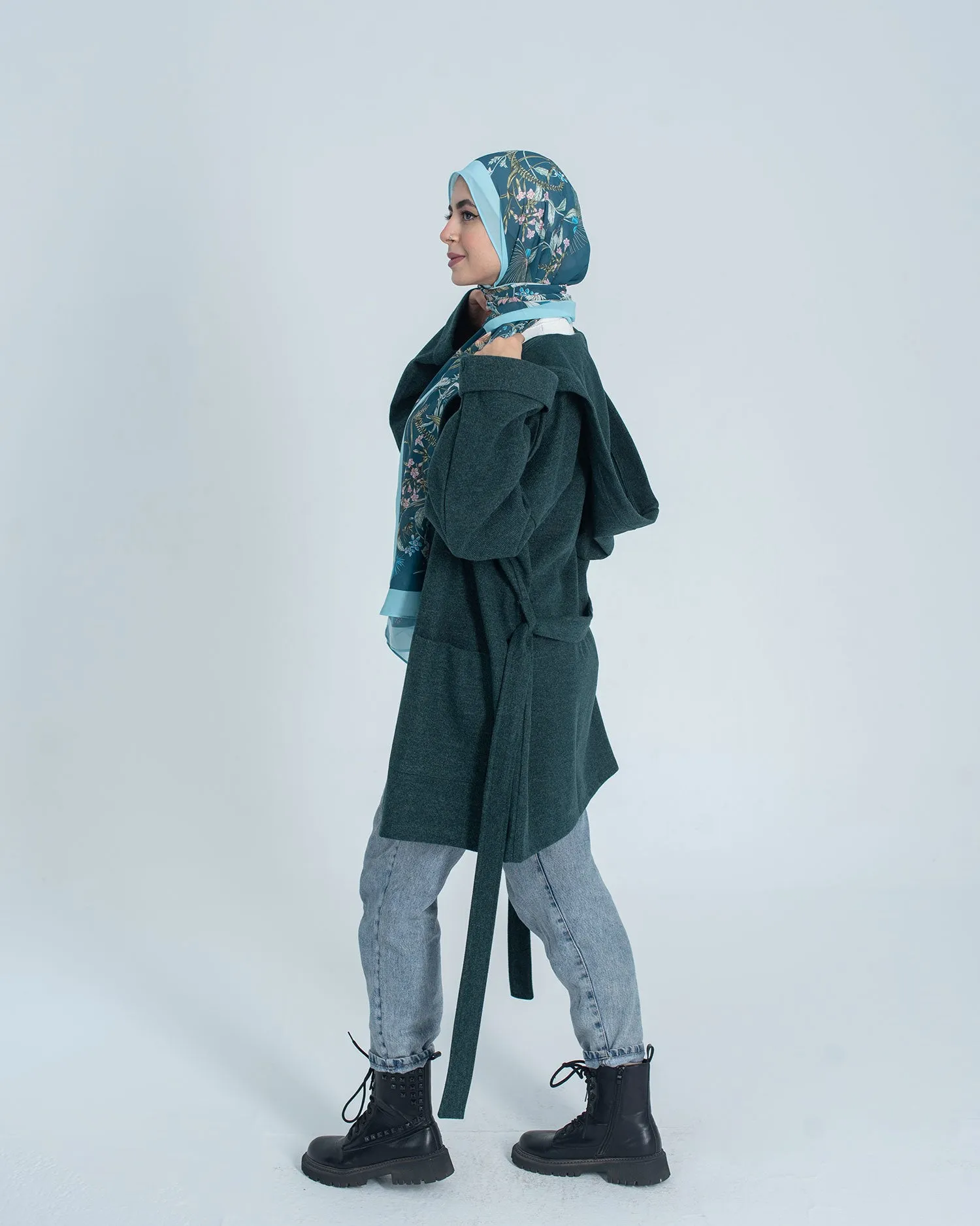 Hooded Tie Waist Casual Coat - Allura