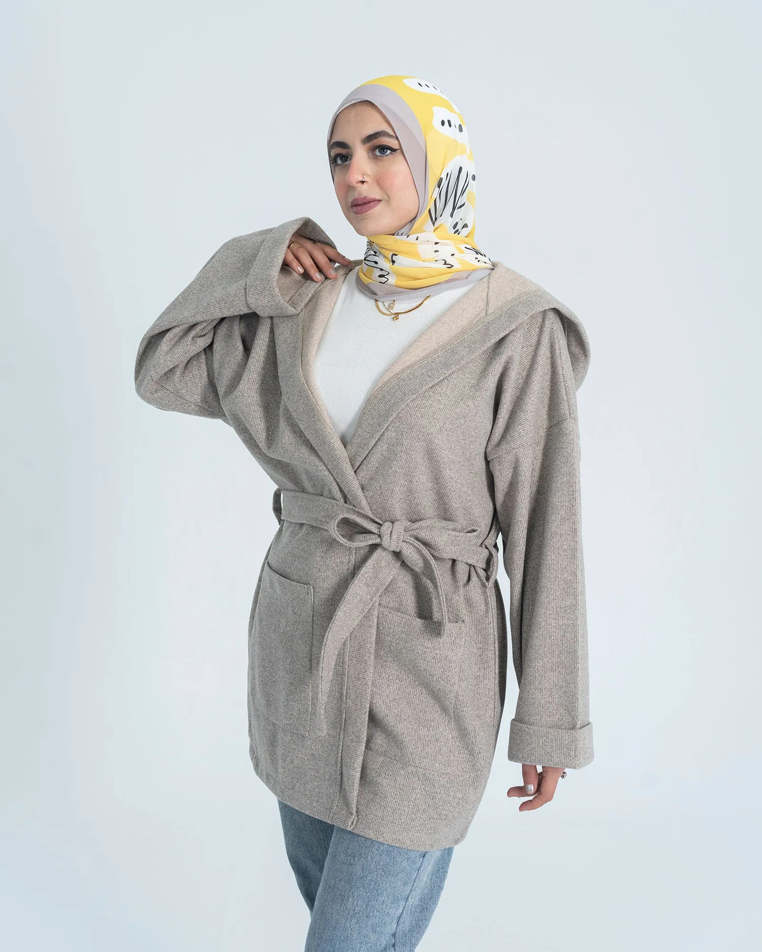 Hooded Tie Waist Casual Coat - Allura